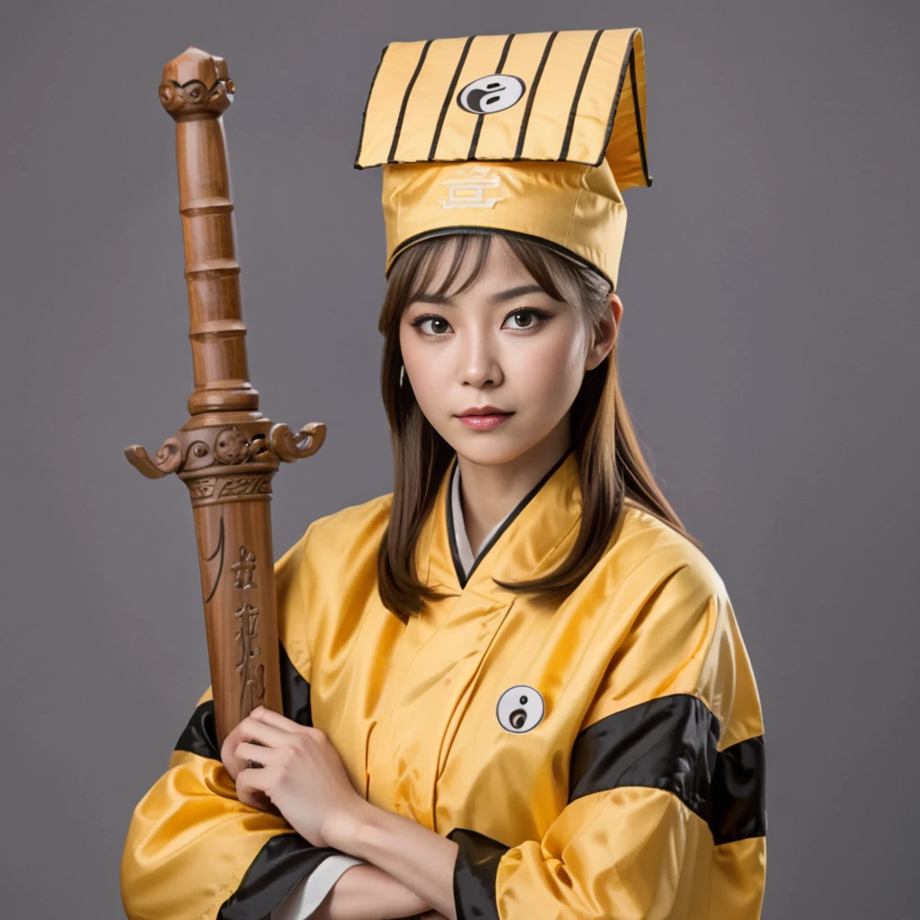 A woman wearing traditional Chinese attire stands in front of a grey background, with his arms crossed. He is dressed in a yellow robe that has black stripes on the sleeve edges, and adorned with a circular symbol under the right arm. The symbol consists of a black circle with two lines through it beneath a yellow circle. On his head, he wears a black and white striped hat. In his right hand, he holds a brown wooden sword with intricate carvings, with the handle of the sword resting against his right shoulder and the tip pointing upwards. The overall appearance of the woman exudes an air of confidence. <lora:dosifuku:0.85>,((â¯ï¸))