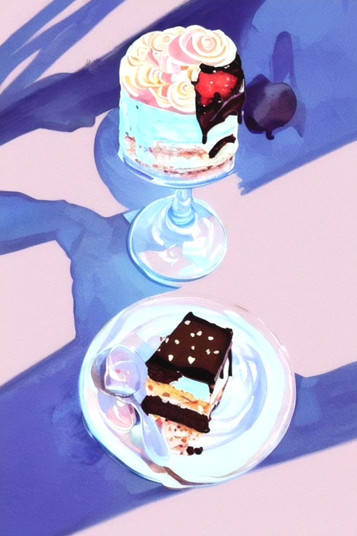 crl_fd6 style, masterpiece, best quality, extremely detailed, detailed background, detailed pastel colors, illustration, watercolor, paint splatter, cake, fruits on top, dripping chocolate, white plate, table,