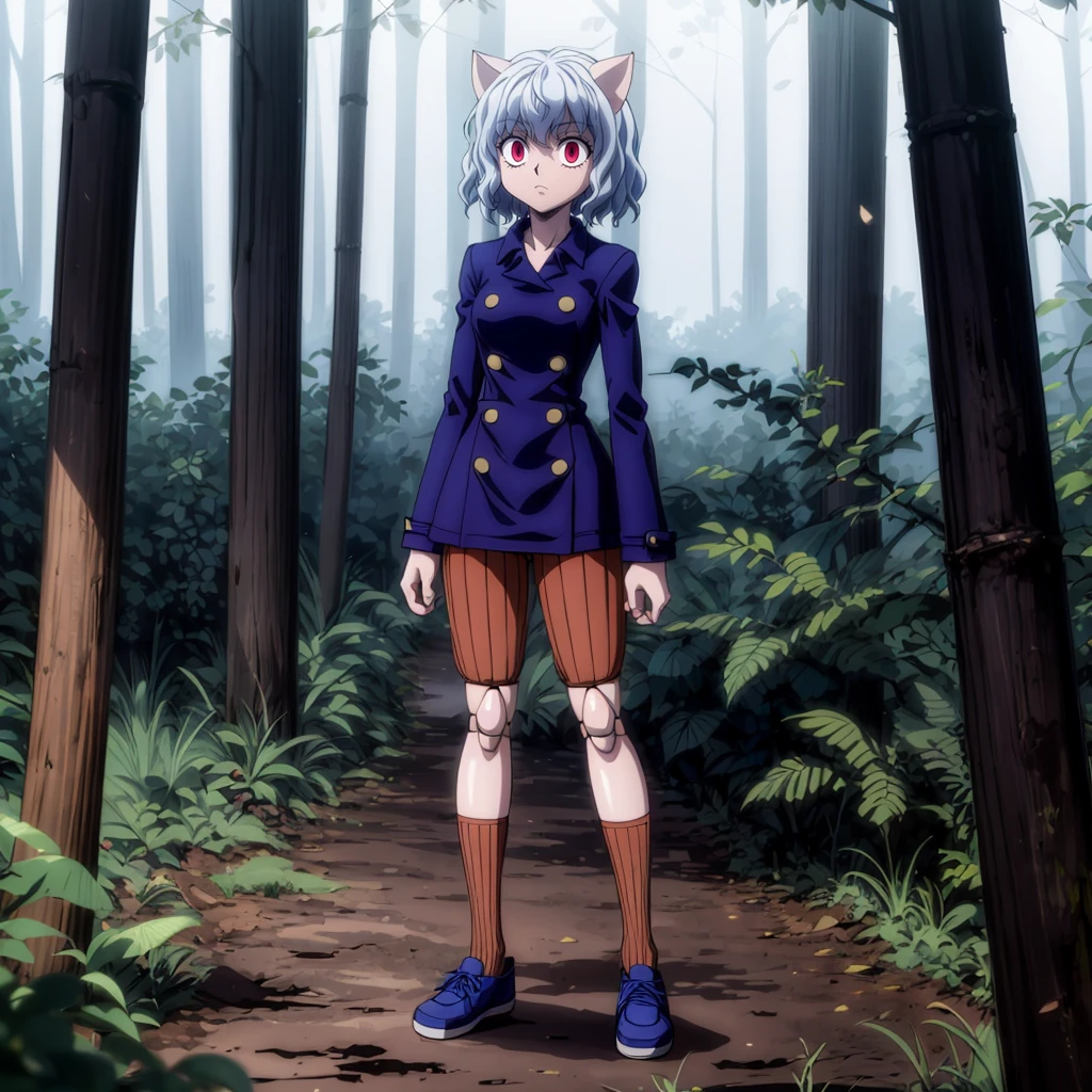 <lora:Neferpitou001:0.6>,<lora:add_detail:1>,<lora:noline:0.3>,
Neferpitou,1girl,red eyes,cat ears,
blue jacket,double-breasted,
(brown shorts:1.2),striped,
brown socks,blue footwear,
full body,standing,
doll joints,(nature:1.2),solo,