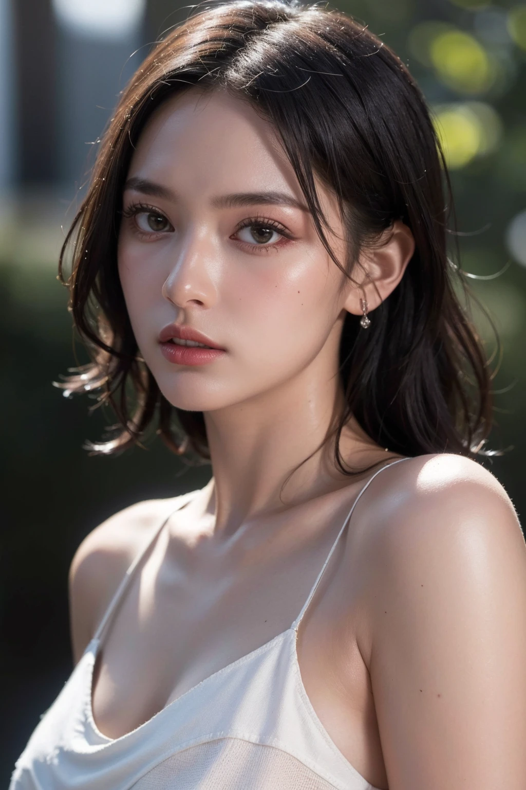 (best quality:1.4),(masterpiece:1.4),(photorealistic:1.4),(Realistic:1.2),(ultra high res, raw photo:1.4),(hdr, hyperdetailed:1.2),(8K:1.2),cinematic photo 1girl,(high detailed skin:1.1),(8k uhd, dslr, high quality:1.1),full body,black hair,Bubble Textured Crew Neck Midi Dress,(red lips:0.8),(mascara:1.1),(looking at viewer, portrait:1.1),(backlight:1.1),<lora:Again_Girl_A5:0.8>,