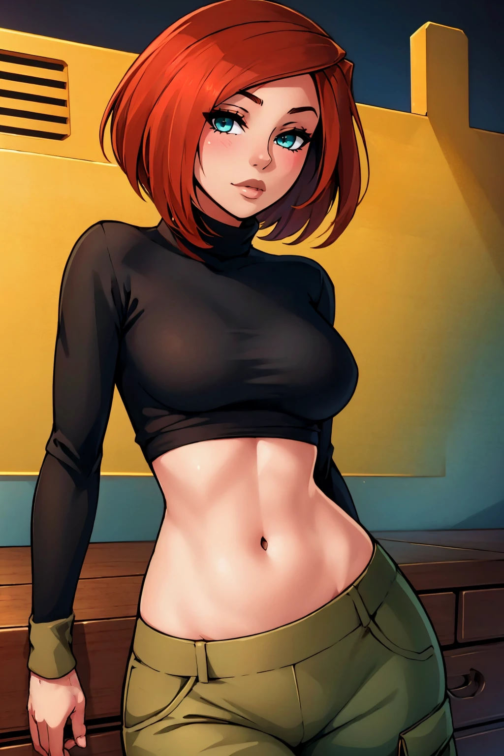 (masterpiece, best quality:1.2), <lora:annpossible:1>, annpossible, 1girl, solo, looking at viewer, breasts, turtleneck sweater, long sleeves, black shirt, cargo pants, green pants, midriff,