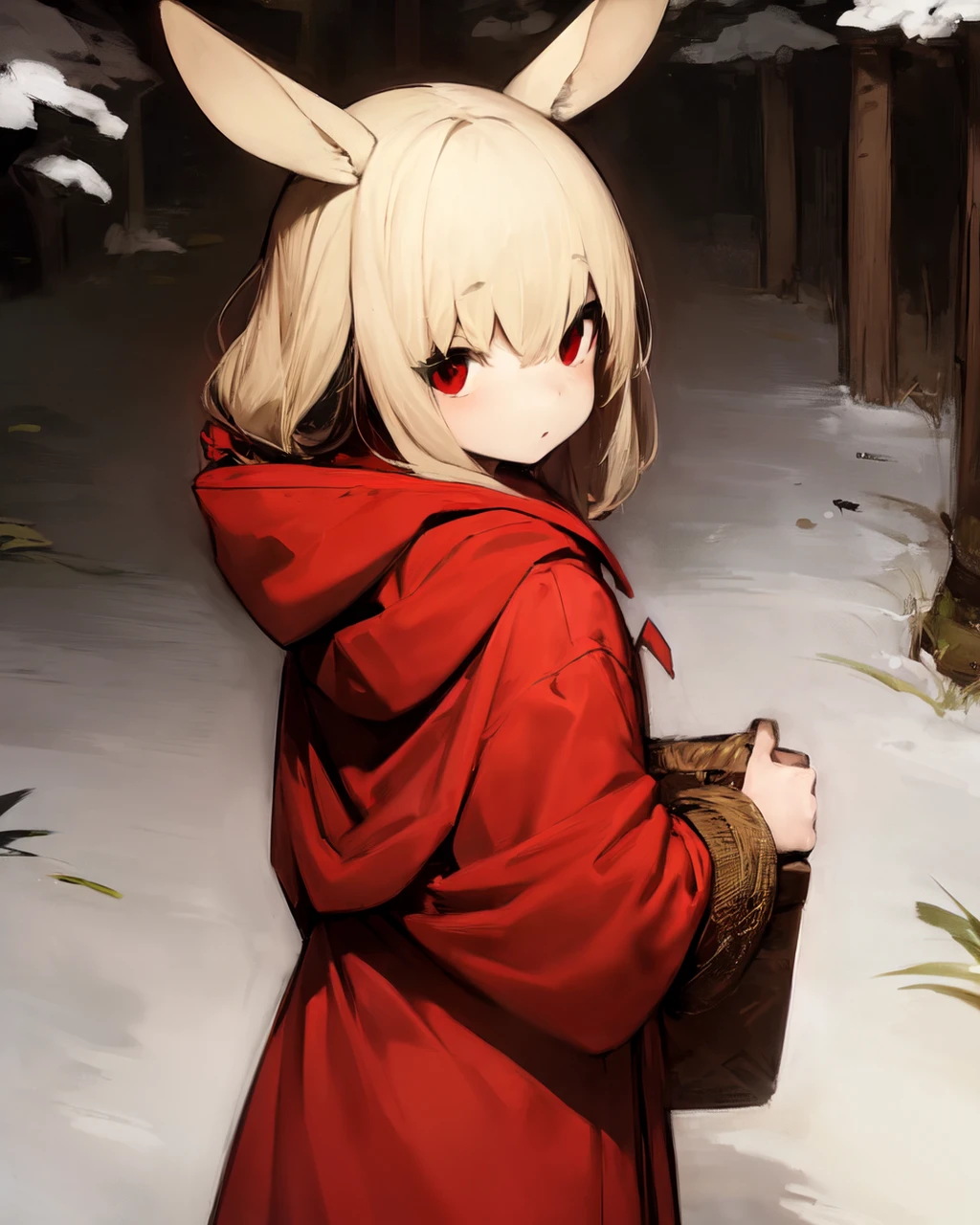 <lyco:Shirokujira-NAI-LyCORIS-v1.1:1>
1girl, solo, wearing oversized red hoodie, hood_down, red eyes, rabbit_ears, blonde_hair, holding basket, in dark fantasy forest