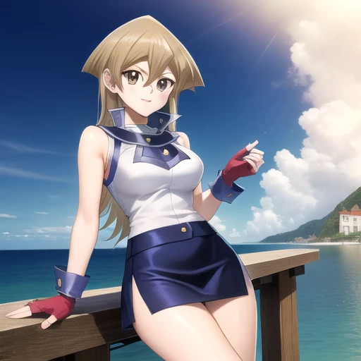 ((masterpiece)),(best quality),official art,extremely detailed CG,unity 8k wallpaper,ultra detailed,A lighthouse on a cliff by the sea,1girl,solo,cowboy shot,looking at viewer,tenjouin asuka,duel academy uniform (yu-gi-oh! gx),long hair,smile,fingerless gloves,brown eyes,sleeveless,blonde hair,blue skirt,blue gloves,medium breasts,miniskirt,shiny hair,school uniform,brown hair,hair between eyes,<lora:Tenjoin Asuka-v0(ygo)>,