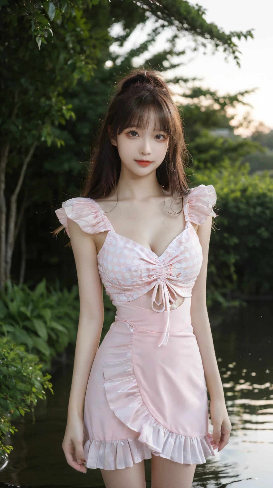 Masterpieces: 1 girl.2 girls, best quality), realism, (real pictures, rich detail details, depth of field), (1 girl called girl, solo), makeup, high detail, perfect face shape, (: 1 girl.4 pcs.), (skin dents), thick thighs, wide hips, thin waist, high, coral, red lips, red eyes, ponytail (girls, shallow tulle, tulle transparent), (sweat: 1 girl.2 girls), (wet), sexy, blush, (shy expression), yellow petal clothes, shirt, stockings,