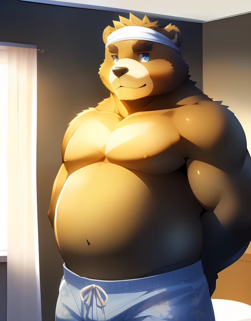 (((detailed eyes, detailed face))), (bara, kenji <lora:character_kenji_findigo_v3:1>, bear, short hair, spiked hair, black eyes), male, (solo), (plump, fat, chubby, overweight), (blue swim trunks, topless, headband), standing, (arms behind back), smile BREAK (konzaburou, ukan_muri, cute), bedroom, (soft shading, low contrast, high brightness <lora:add_brightness:1>), 8k, UHD, masterpiece, (full body)