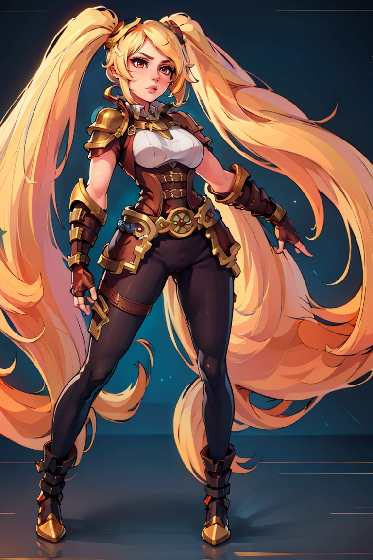 ((masterpiece,best quality)), absurdres, <lora:Layla_ML_v2:0.7>, Layla_ML,  solo, 1girl, twintails, blonde, blonde hair, long hair, very long hair, red eyes, shiny metal, full body armor, breastplate, fingerless gloves, shoulder armor, gauntlets