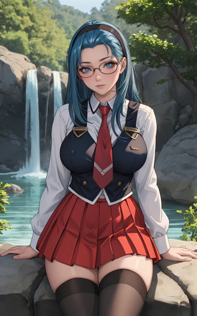 SchoolUniform_JunkoMochida_ownwaifu, 
1girl, blue hair, long hair, glasses, hairband, large breasts, blue eyes, 
school uniform, red necktie, vest, red skirt, pleated skirt, zettai ryouiki, thighhighs, legs, 
<lora:FAP_BibleBlack_JunkoMochida_ownwaifu:0.8> ,
((masterpiece)),((best quality)),(highres), bokeh, depth_of_field, day, tree shade, sunlight, scenery, rock, waterfall, looking at viewer, solo, cowboy shot,