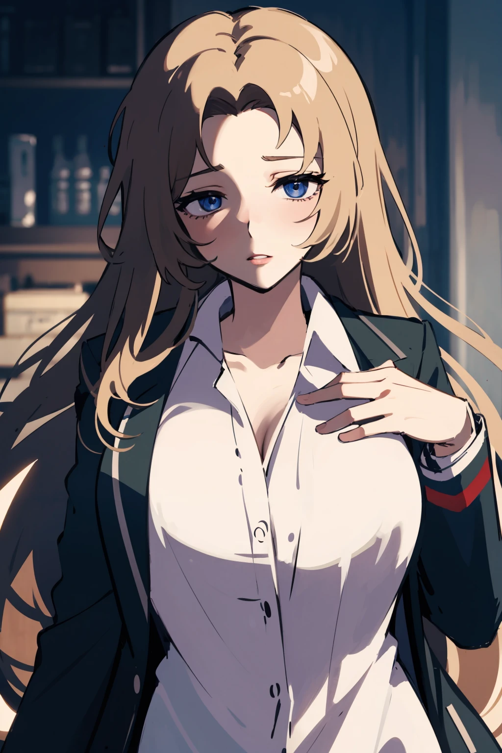 masterpiece,high quality,highres,1girl,solo,<lora:limbus-rodion-v1-wasabiya:1>,rodion,blue eyes,brown hair,long hair,white shirt,collared shirt,black coat,stole,large breasts,