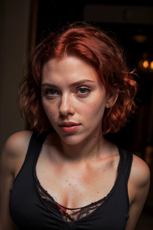 masterpiece, best quality, cinematic, volumetric lighting, very detailed, high resolution, sharp, sharp image, 4k, 8k, 35 mm,
<lora:ScarlettJohansson_smf_lora_v3:0.9>, 1girl, scarlettjohansson-smf, solo, realistic, portrait, red hair, parted lips, lips, short hair, messy hair, red hair, collarbone, looking at viewer, grey eyes, nose