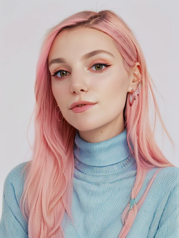 gquality, <lora:marzia-10:1> marzia, 1girl, solo, looking at viewer, simple background, white background, jewelry, closed mouth, pink hair, earrings, sweater, makeup, turtleneck, piercing, ear piercing, portrait, realistic, blue sweater, eyeshadow