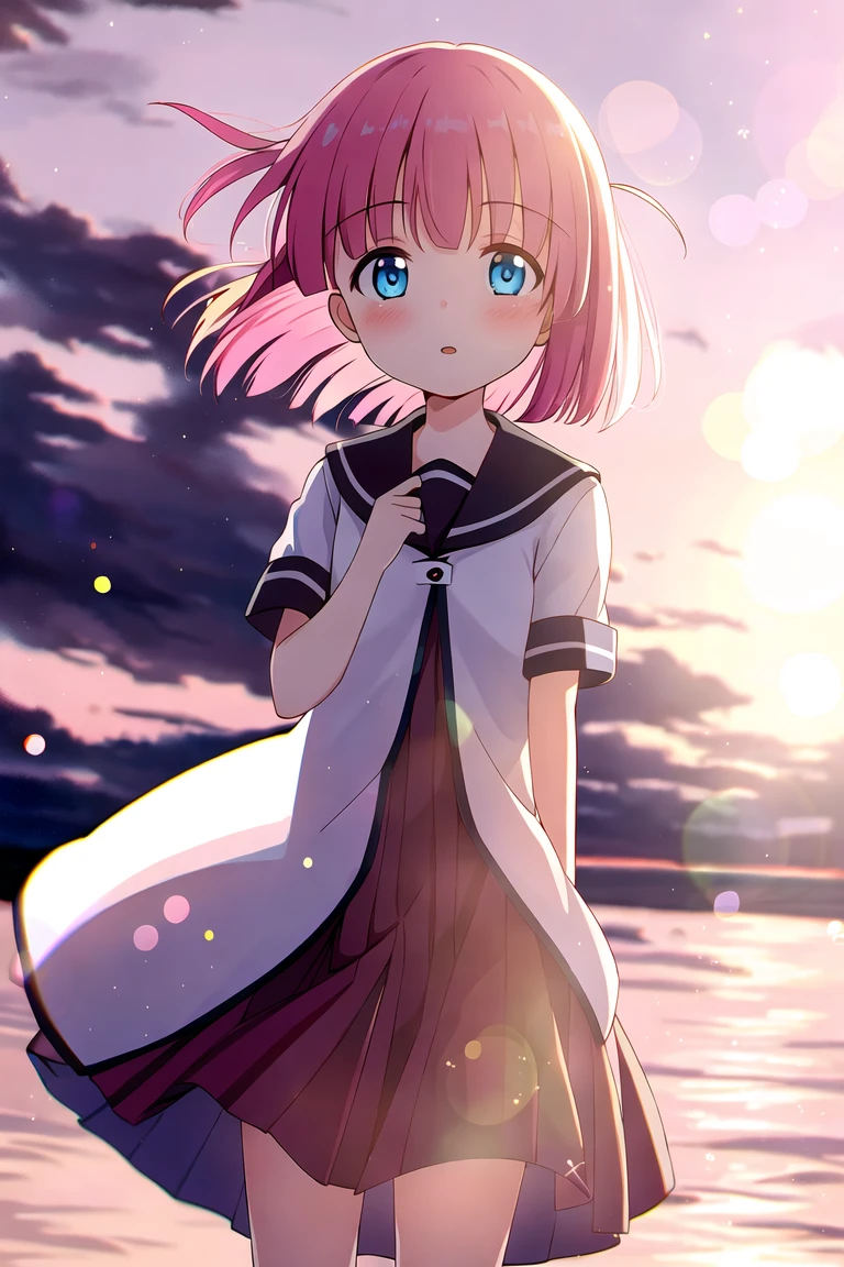 highres, high quality, 1girl, gotoh futari, nanamori uniform, short sleeves, blush, looking at viewer, standing, white flower, sunset, wind, bokeh, lens flare, chromatic aberration