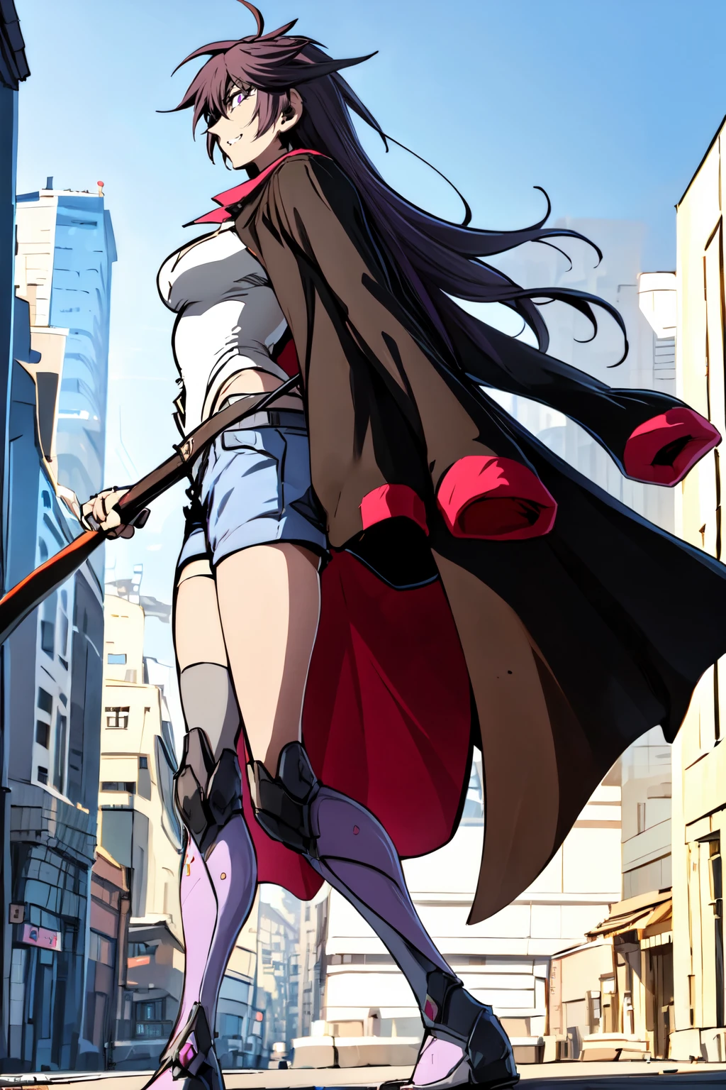 full body, dynamic pose, sunny, <lora:VioletLoRA:1> violet, white leotard, black shorts, coat, sword,beautiful eyes, beautiful girl, high detail skin, high detail eyes, high detail hair, highres, ultra detailed, sharpen picture, Highly detailed, masterpiece, best quality, photorealistic, smile