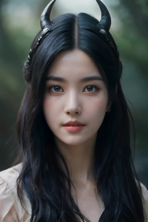 unparalleled 8K UHD professional photograph that stands as a testament to the zenith of artistic vision, set against the backdrop of a spellbinding fantasy realm. At the heart of this realm is a 19-year-old girl, a figure of sublime beauty with cascading soft black hair that glimmers like strands of starlight. Her presence is a harmonious contradiction: while her visage radiates innocence, her amazingly elegantly arched black devil horns unveil her true identity as a bona fide real demon. These devil horns, majestic yet menacing, are a perfect embodiment of her dual nature, blending seamlessly with her enchanting allure. Her pale hands, captured in exquisite detail, are not just visually striking but are also imbued with the narrative of her demonic heritage, each line and curve a whisper of her ancient lineage. By her side stands a majestic, enigmatic giant crow, a noble companion whose presence complements her own formidable essence. Their bond transcends the ordinary, radiating a joy that is both pure and deeply rooted in their shared mystical bond. The scene is bathed in a resplendent natural light that not only illuminates but also enhances the surreal elements of this otherworldly setting. The light weaves through her hair, dances around her horns, and casts a noble glow on her scary giant crow companion, against a backdrop that is vibrant and dreamlike. This composition is a masterful interplay of light and shadow, adding depth and dimension, and rendering every texture so vivid that it feels tangible. This photograph is more than a visual feast; it's an immersive experience. The viewer is not merely observing but is drawn into a world where the line between reality and fantasy blurs, touched by the beauty, mystery, and intrinsic joy of this demon girl and her mythical crow. It's a portrayal that transcends the medium, capturing the essence of their otherworldly existence in a moment frozen in time.