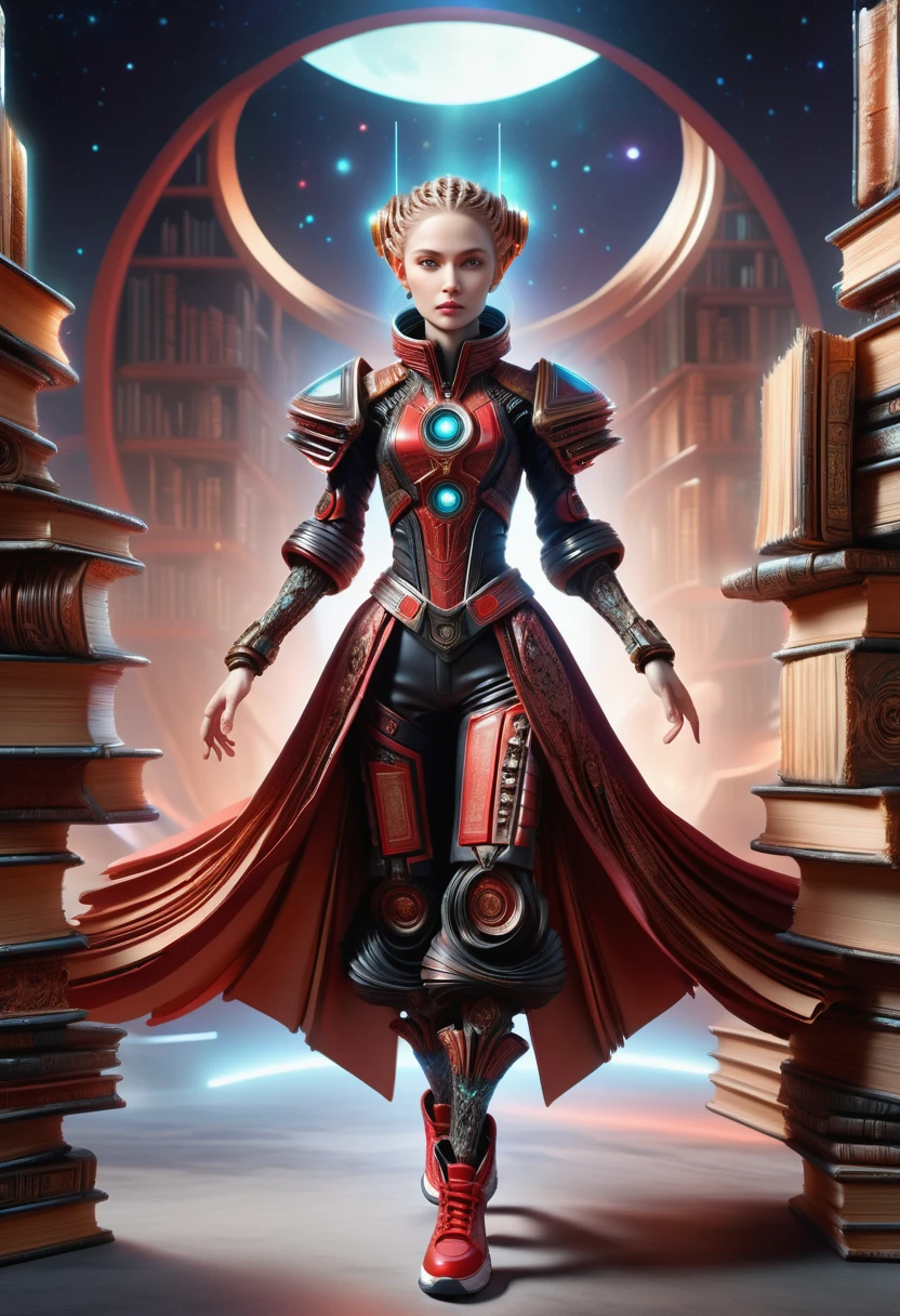 hyper detailed masterpiece, dynamic, awesome quality, DonMB00ksXL female space music composer, retirement age, voluminous, russian, hazel eyes, narrow nose, low cheekbones, prominent forehead, well-formed back muscles, , peach fishtail braid hair, hope,
gesturing in a non-verbal exchange with an extraterrestrial being.,
wearing plasma-lace culottes, carbon-fiber reinforcement quinacridone red quantum-tech blouse, holographic sneakers, , asserting control over a fascinating and unfamiliar alien life form., made of books,leather <lora:DonMB00ksXL-000008:1>