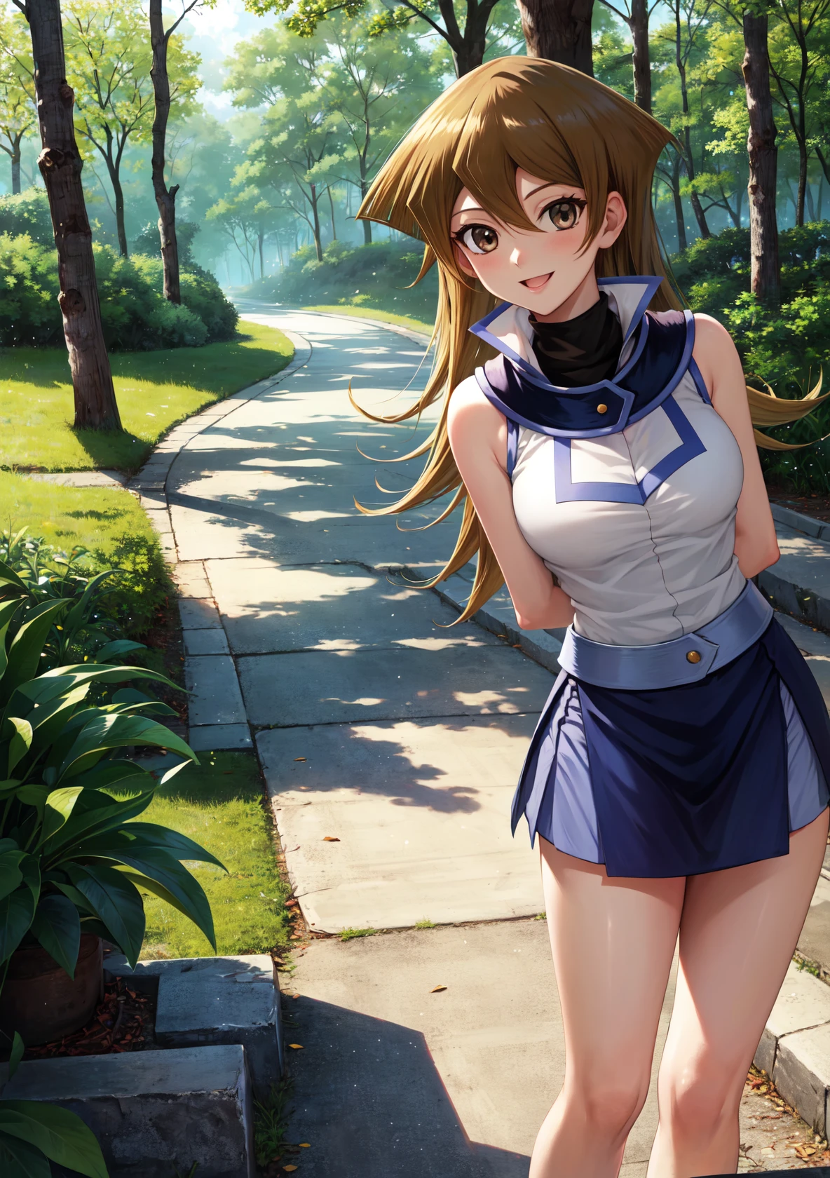 masterpiece, best quality, highres,
TenjouinAsukaDef, 1girl, solo, long hair, smile ,bangs, blonde hair, large breasts, brown hair, hair between eyes, brown eyes, very long hair, straight hair,
breasts, skirt, shirt, bare shoulders, school uniform, white shirt, sleeveless, shiny, belt, miniskirt, shiny hair, blue skirt, sleeveless shirt, turtleneck, duel academy uniform (yu-gi-oh! gx), tenjouin asuka,
<lora:LoRA_Tenjouin:1>, cowboy shot, looking at viewer, arms behind back, forest, sunlight, cloudy, laughing,