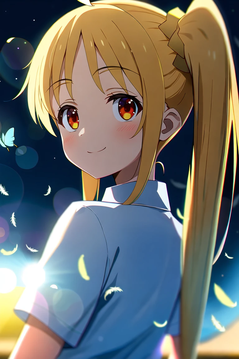 highres, high quality, 1girl, ijichi nijika, upper body, smile, looking at viewer, looking back, shimokitazawa uniform, night, butterfly, feathers, depth of field, chromatic aberration, lens flare