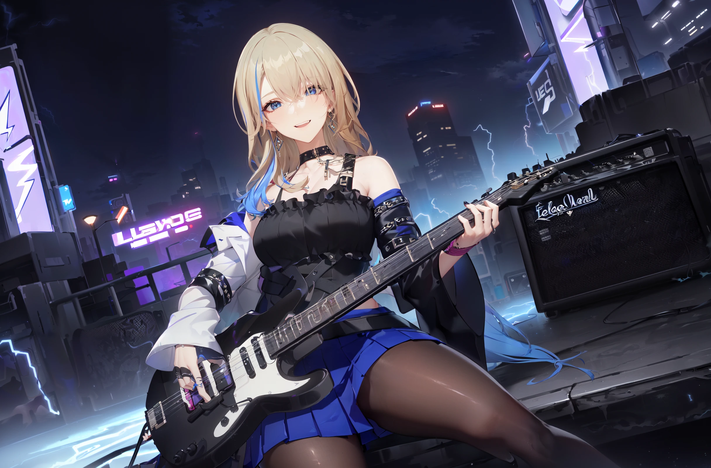 8k, best quality, masterpiece, (ultra-detailed:1.1), (high detailed skin),
(Mature big sister playing electric guitar, electric guitar:1.2), (girl playing electric guitar:1.2), lightning effects, big sister, mature, cool sister, night, colorful neon lights, cyberpunk style, naughty face, The carnival scene, the intoxicating atmosphere, the lost self,
<lora:xiluwa-v100:0.8:lbw=OUTALL>, xiluwa, 1girl, blonde hair, blue hair, black footwear, multicolored hair, long hair, skirt, earrings, pantyhose, blue eyes, jewelry, asymmetrical sleeves, bare shoulders, black choker, bangs, Lightning tattoo, thigh_strap,
(beautiful_face), ((intricate_detail)), clear face,
((finely_detailed)), fine_fabric_emphasis,
((glossy)), full_shot