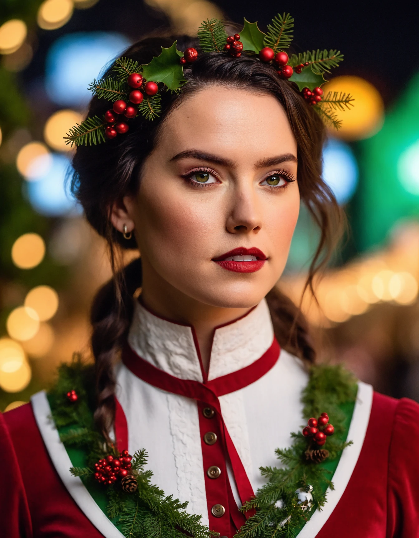 cinematic photo portrait of (((ohwx woman))) wearing santa costume in a Christmas village, green plants, intricate, elegant, highly detailed, digital painting, artstation, concept art, smooth, sharp, focus, illustration, art by artgerm and greg rutkowski and alphonse mucha <lora:daisy_dh128_lora_v2b:1> . 35mm photograph, film, bokeh, professional, 4k, highly detailed