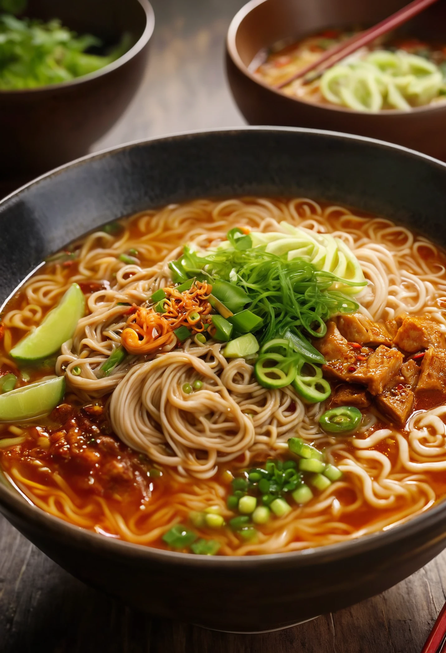 RAW Photo, a bowl of the most delicious spicy vegetable ramen noodles, food photography, photorealistic, ultra realistic, maximum detail, foreground focus, 8k, cinematic, octane render, uplight, no blur, depth of field, dof, bokeh, masterpiece