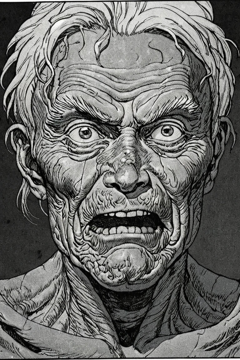 a black and white comic book illustration of ancient 200 year old man, wrinkled skin, style akirabw <lora:Akira_BW_Comic_Style_XL:1>