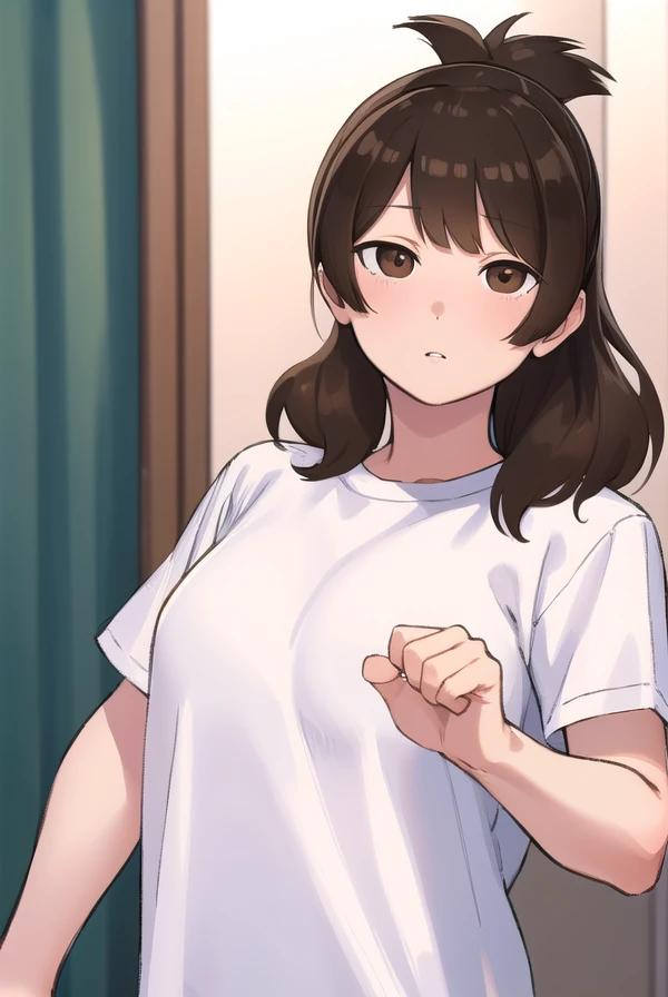 yuiashiro, <lora:yui ashiro-lora-nochekaiser:1>,
yui ashiro, bangs, blunt bangs, brown hair, (brown eyes:1.7), medium hair, ponytail,
BREAK shirt, pants, t-shirt, (white shirt:1.5),
BREAK indoors, bed,
BREAK looking at viewer, (cowboy shot:1.5),
BREAK <lyco:GoodHands-beta2:1>, (masterpiece:1.2), best quality, high resolution, unity 8k wallpaper, (illustration:0.8), (beautiful detailed eyes:1.6), extremely detailed face, perfect lighting, extremely detailed CG, (perfect hands, perfect anatomy),