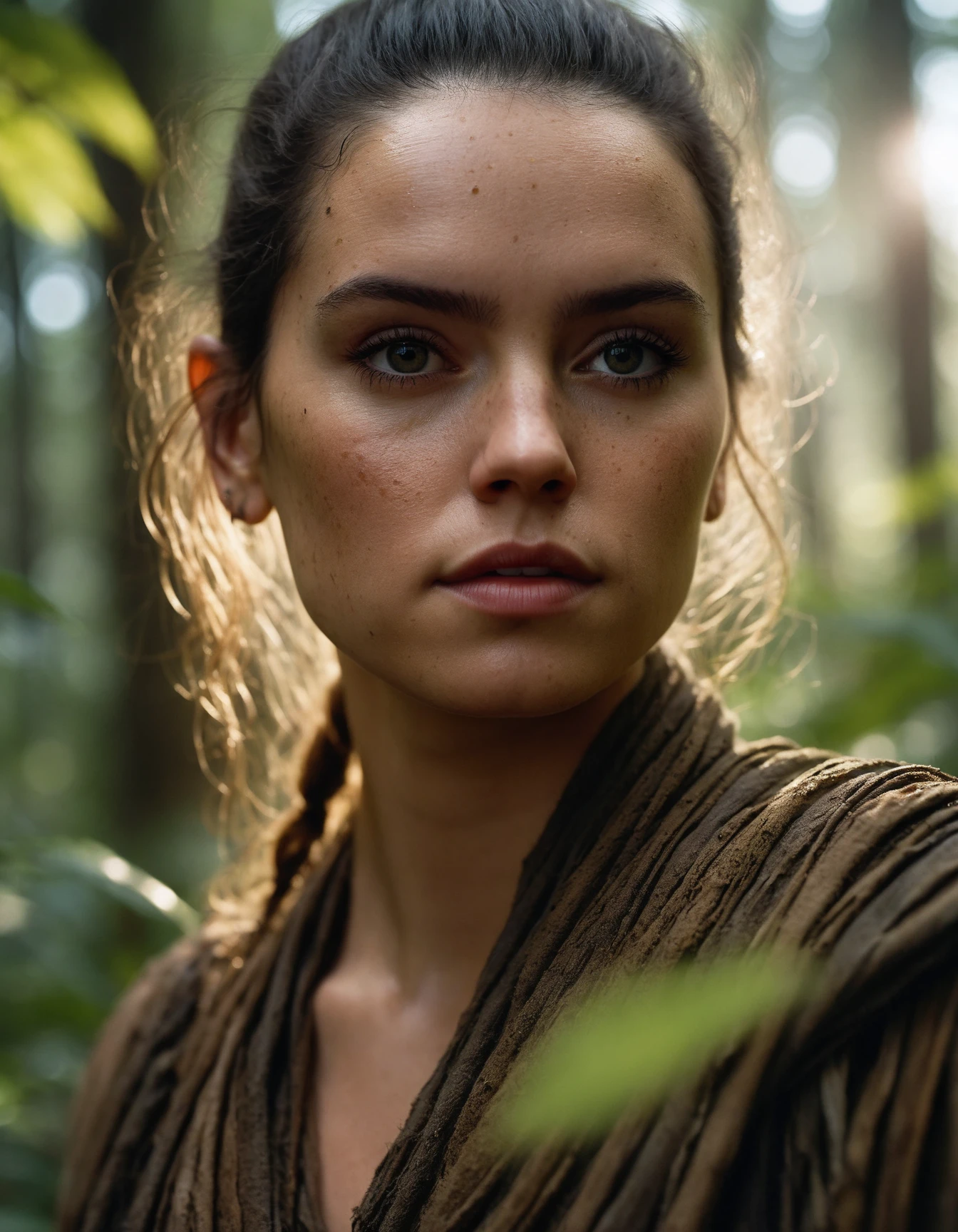 cinematic photo A closeup portait of (((ohwx woman))) an ancient druid made of bark, she live hidden in the vegetation of a forgotten forest, highly detailed painting, by Artgerm and Raphael Lacoste   <lora:daisy_dh128_lora_v2b:1> . 35mm photograph, film, bokeh, professional, 4k, highly detailed