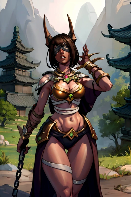 masterpiece,best quality,extreme detail,8k,image sharpness,<lora:series:0.8> seris2, 1girl, solo, breasts, short hair, bangs, brown hair, navel, medium breasts, outdoors, midriff, dark skin, armor, dark-skinned female, lips, underboob, glowing, chain, bandages, thigh gap, bob cut, shoulder armor, revealing clothes, facing viewer, blindfold, architecture, covered eyes, east asian architecture, energy ball