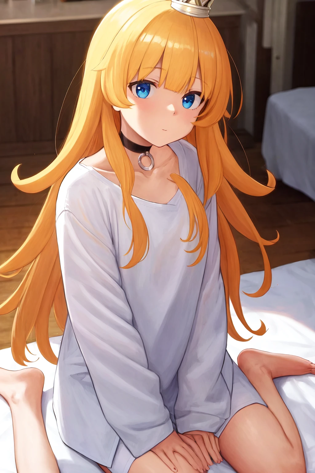 masterpiece, best quality, highres, 1girl mini crown, choker white shirt oversized shirt <lora:goumon_hime:1> sitting, wariza, arm support