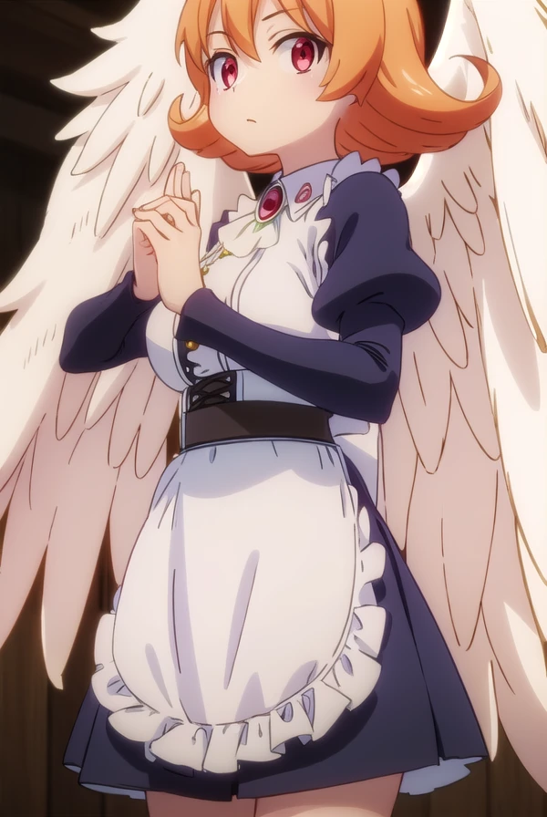meidri, <lora:meidri s1-lora-nochekaiser:1>,
meidri, short hair, bangs, (red eyes:1.3), orange hair, flipped hair,
BREAK long sleeves, dress, jewelry, frills, wings, puffy sleeves, apron, maid, maid headdress, thigh strap, juliet sleeves, brooch, white apron, feathered wings, maid apron, puffy long sleeves, white wings,
BREAK indoors,
BREAK looking at viewer, (cowboy shot:1.5),
BREAK <lyco:GoodHands-beta2:1>, (masterpiece:1.2), best quality, high resolution, unity 8k wallpaper, (illustration:0.8), (beautiful detailed eyes:1.6), extremely detailed face, perfect lighting, extremely detailed CG, (perfect hands, perfect anatomy),