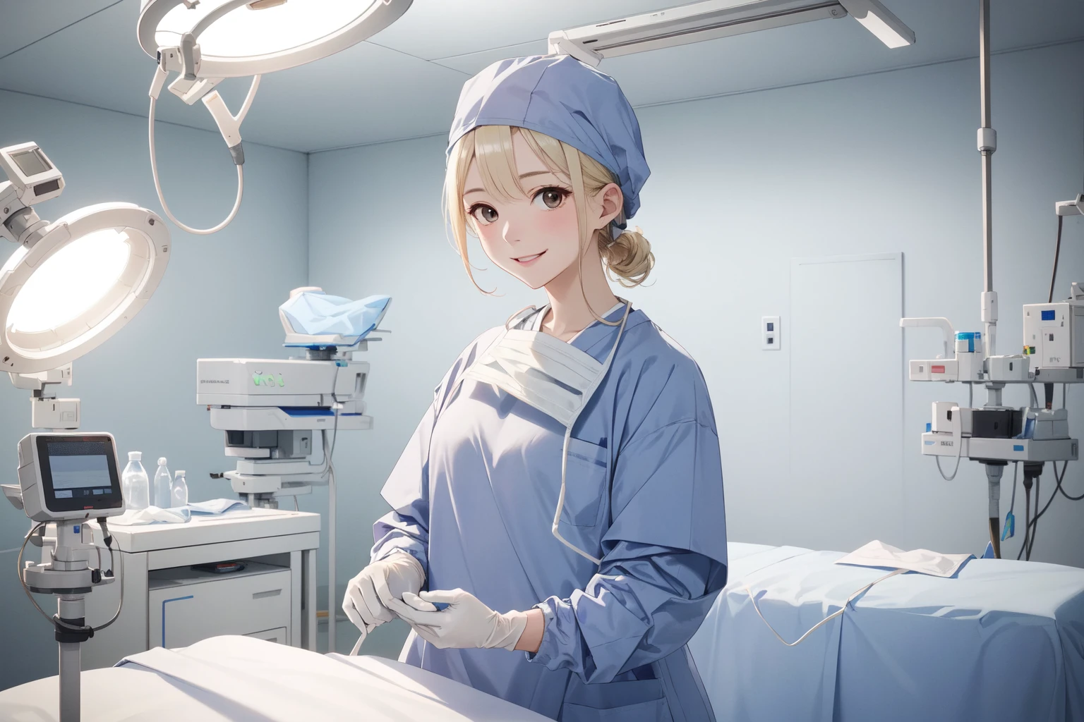(RAW photo, best quality), 1girl, long sleeve surgical outfit, surgical gloves, surgical cap, operating room, overhead surgical light, light smile,
<lora:concept_surgical_mask_open_v2_1:1> surgical_mask_open, completely_undone, blonde hair,