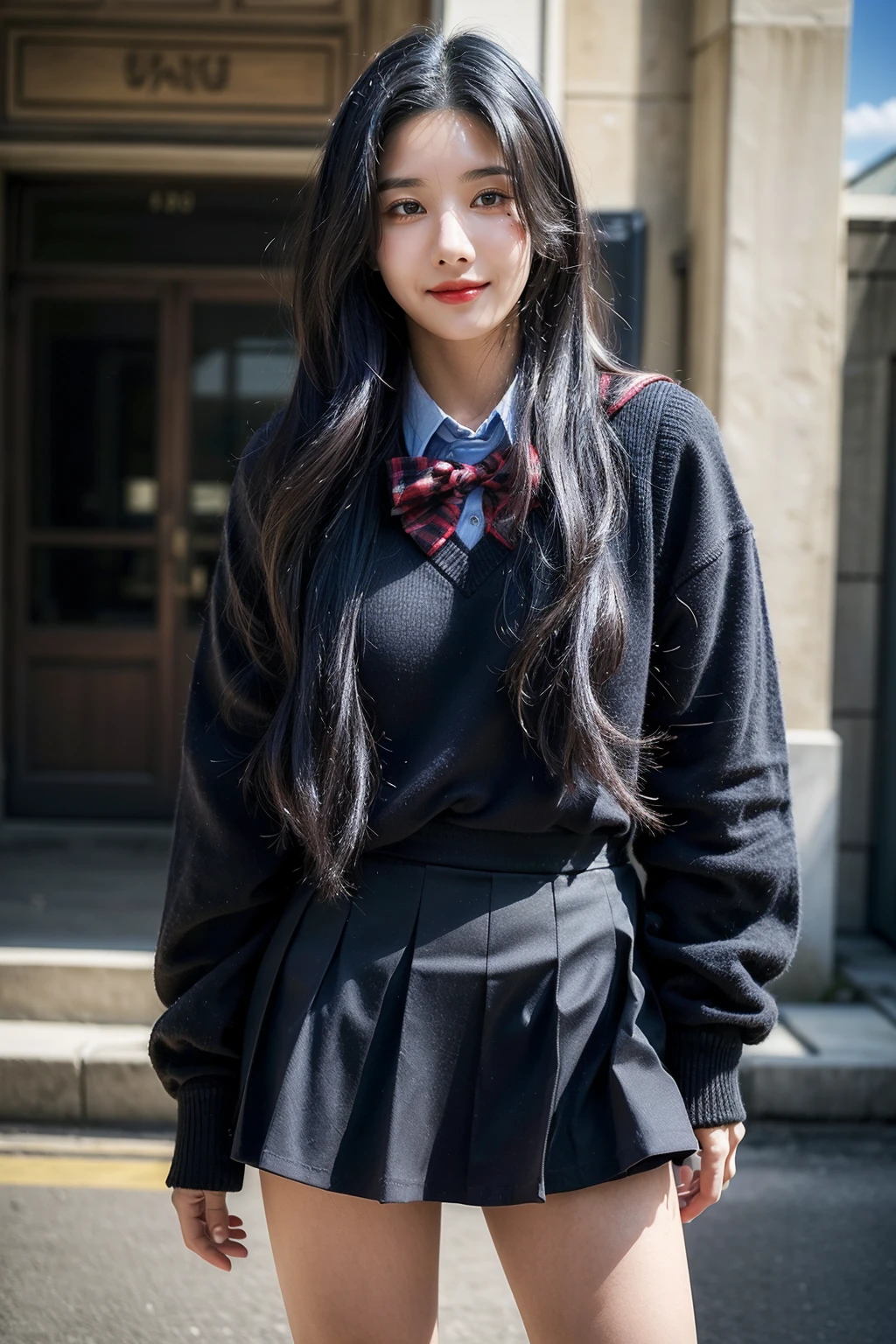 kwoneunbi,1girl,((realistic)), ((hyperrealism)),((best quality)), (((masterpiece))),((ultra high res)),((ultradetailed)), (photorealistic:1.4), idol, (looking at viewer:2), <lora:add_detail:0.6>,detailed face,detailed eyes,
<lora:Eunbi_v1:1> ,
wide shot, panorama,
outdoors,smile, cowboy shot, long hair, black hair, school_uniform,pleated_skirt, closed mouth,