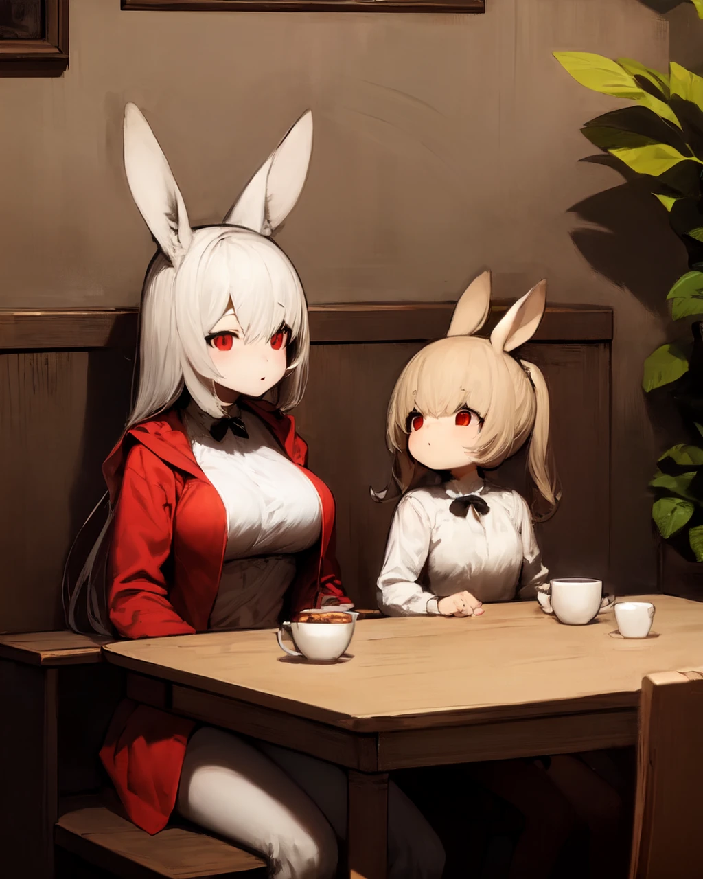 <lyco:Shirokujira-NAI-LyCORIS-v1.1:1>
two girls sitting at a table drinking tea, red eyes, rabbit_ears