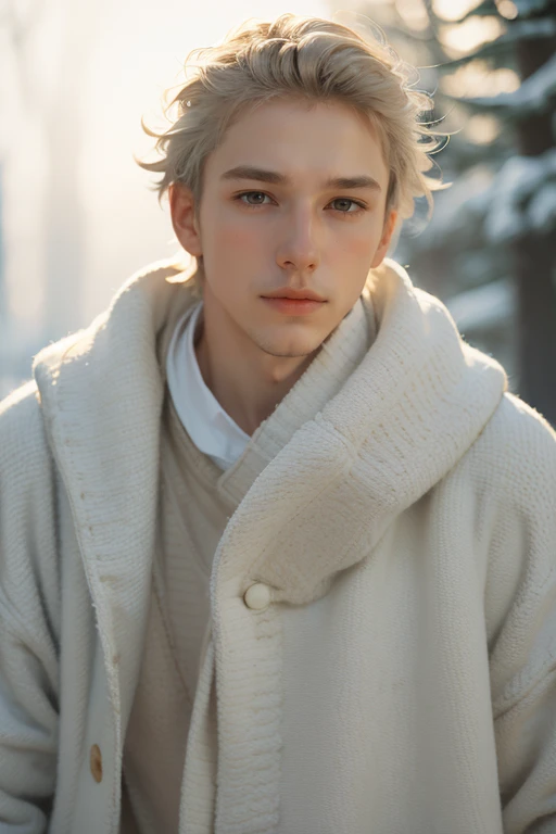 a man with with a long white,stuckism, cute young man, cold weather, (natural skin texture, hyperrealism, soft light, muted colors), background