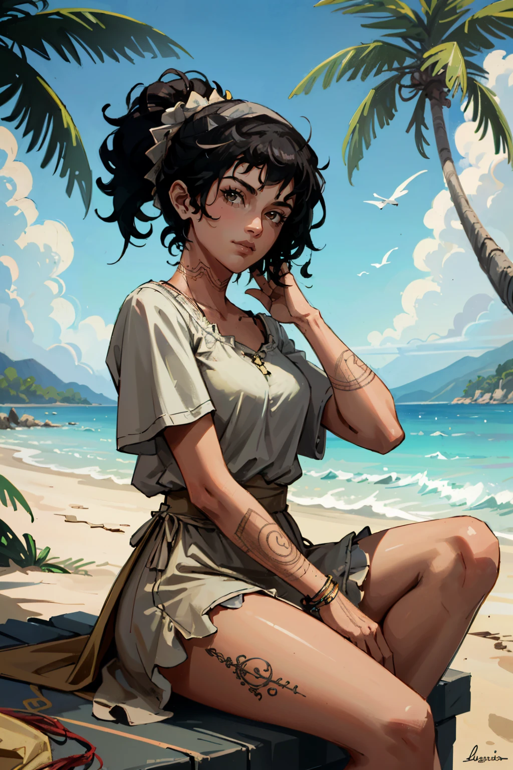 ((ultra detailed, masterpiece, absurdres))
<lora:PSophia:0.9>
PSophia, 1girl, solo, black hair, brown eyes, tattoo, dark skin, on the sandy beach, minidress, palm trees in the background, sitting cross-legged