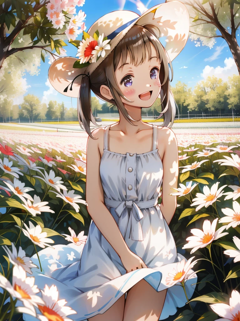 <lora:higegepon-20:1>twintails, sundress, sunhat, :D, outdoors, flower field, tree, masterpiece, best quality