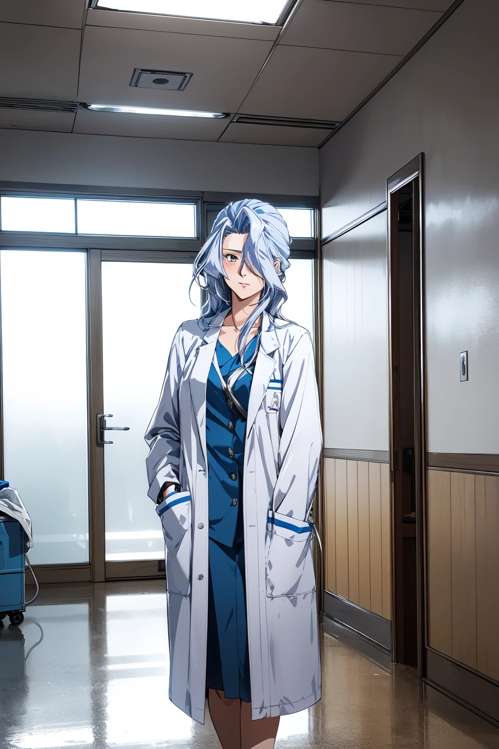 (RAW photo, best quality), 1girl,  natural lighting, doctor's coat, hospital lobby, 
 <lora:innai_kansen_midou_emiko_v3_2-000002:1>, midou emiko