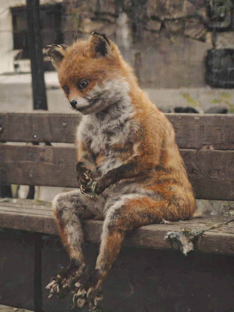 side view, stnerfx, silhouette, a staring fox sitting head down on a bench feeding pigeons, <lora:- SDXL - stnerfx _Stoner_Fox_V3.0:.9>