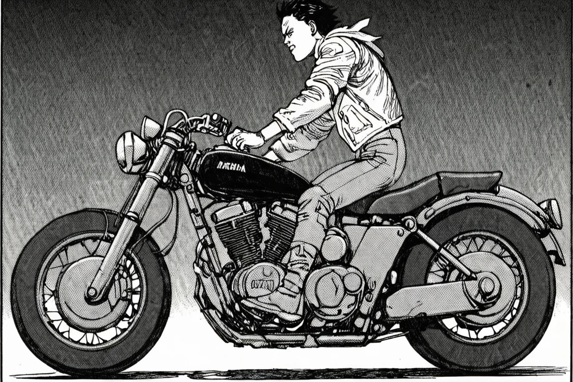 a black and white comic book illustration of a man on a motorcycle, profile, side view, full body, style akirabw <lora:Akira_BW_Comic_Style_XL:1>
