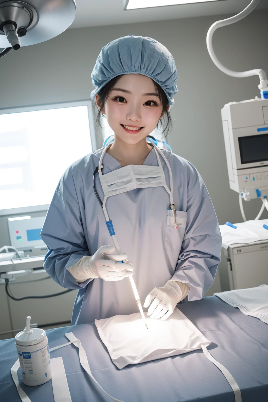 (RAW photo, best quality), 1girl, long sleeve surgical outfit, surgical gloves, surgical cap, operating room, overhead surgical light, light smile,
<lora:concept_surgical_mask_open_v2_1:1> surgical_mask_open, completely_undone,