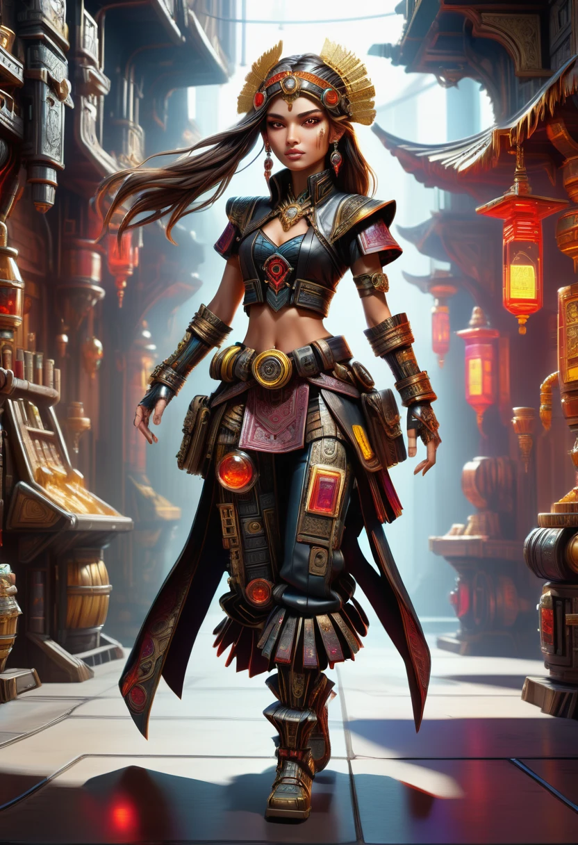 hyper detailed masterpiece, dynamic, awesome quality, DonMB00ksXL female potion brewer, nano-infused mutants, mutants with nanobots integrating into their bodies, granting extraordinary abilities, golden age, dainty, native american, honey eyes, receding chin, narrow jaw, sunken cheeks, square face shape with angular jaw, , ruby red long layers hair, surprise, stealthy crouch, character crouches low, arms outstretched, and eyes alert, adopting a stealthy pose, wearing holo-lace skirt, augmented reality gaucho pants, neon sequin headband, microchip sling bag , graceful stride, character walks with a smooth and elegant gait, displaying grace and poise, gritty urban cyberpunk, pages,leather <lora:DonMB00ksXL-000008:1>