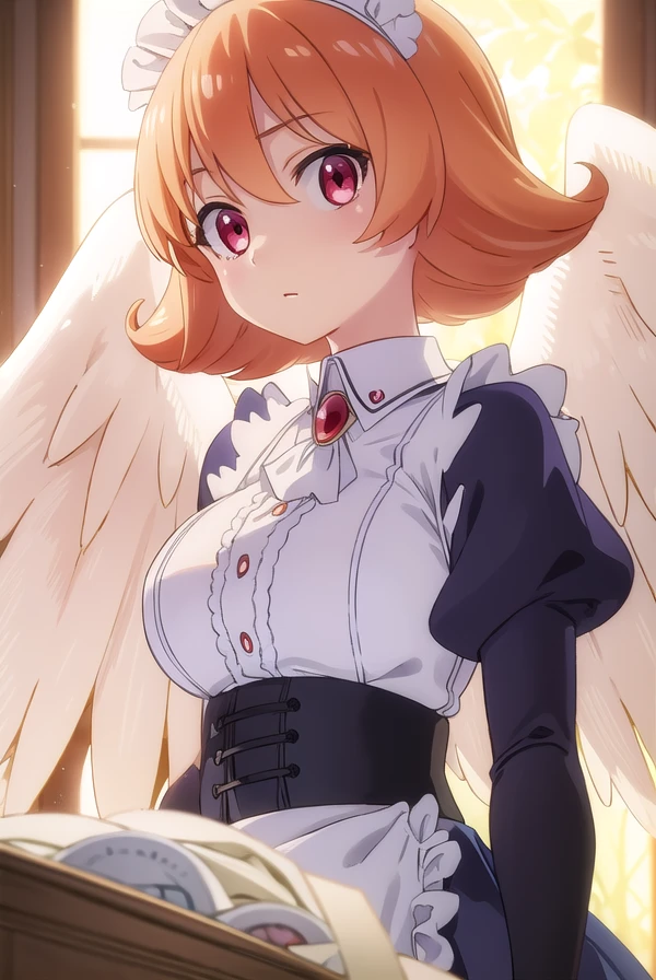 meidri, <lora:meidri s1-lora-nochekaiser:1>,
meidri, short hair, bangs, (red eyes:1.3), orange hair, flipped hair,
BREAK long sleeves, dress, jewelry, frills, wings, puffy sleeves, apron, maid, maid headdress, thigh strap, juliet sleeves, brooch, white apron, feathered wings, maid apron, puffy long sleeves, white wings,
BREAK indoors,
BREAK looking at viewer, (cowboy shot:1.5),
BREAK <lyco:GoodHands-beta2:1>, (masterpiece:1.2), best quality, high resolution, unity 8k wallpaper, (illustration:0.8), (beautiful detailed eyes:1.6), extremely detailed face, perfect lighting, extremely detailed CG, (perfect hands, perfect anatomy),