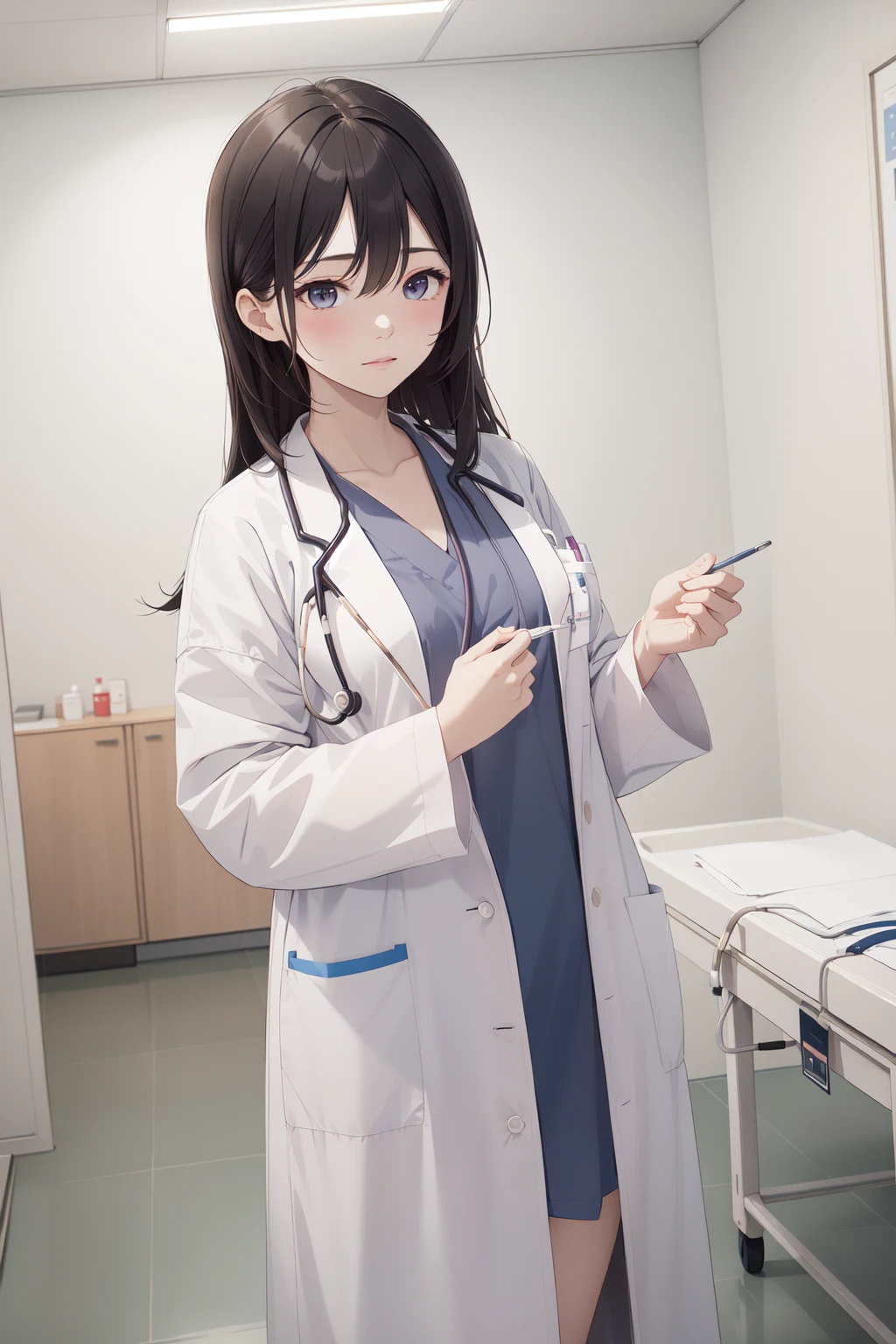 (RAW photo, best quality),  masterpiece,  natural lighting, 1girl, 
labcoat over scrubs, hospital exam room, stethoscope, long hair, mature, 
<lora:LabcoatOverScrubs1_1:1>