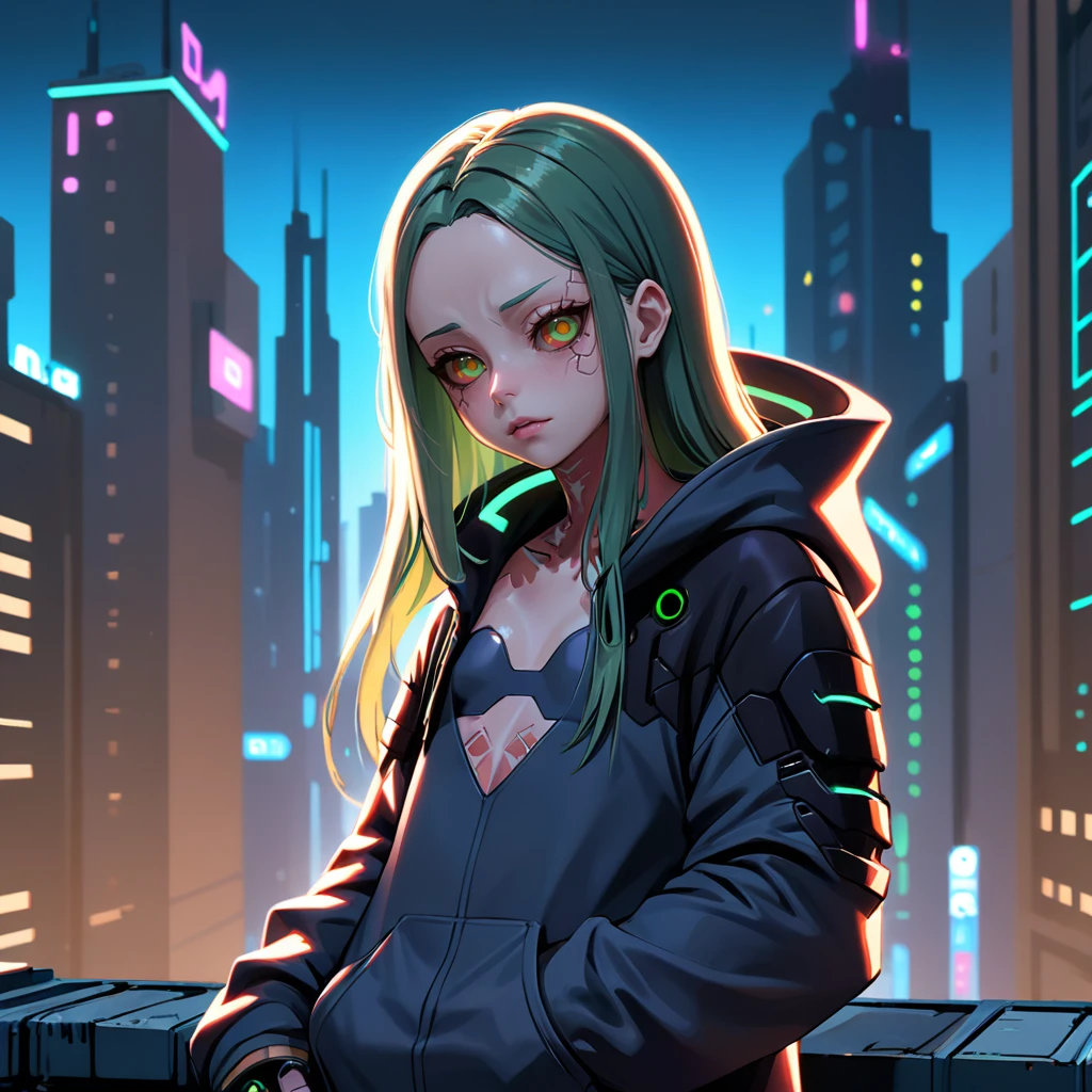 Digital art, masterpiece, a very detailed and professional screenshot, a halfbody portrait, A girl rebecca standing on rooftop wearing a hoodie in a cyberpunk city, long hair<lora:rebecca_xl_8dim_2-000012:1>