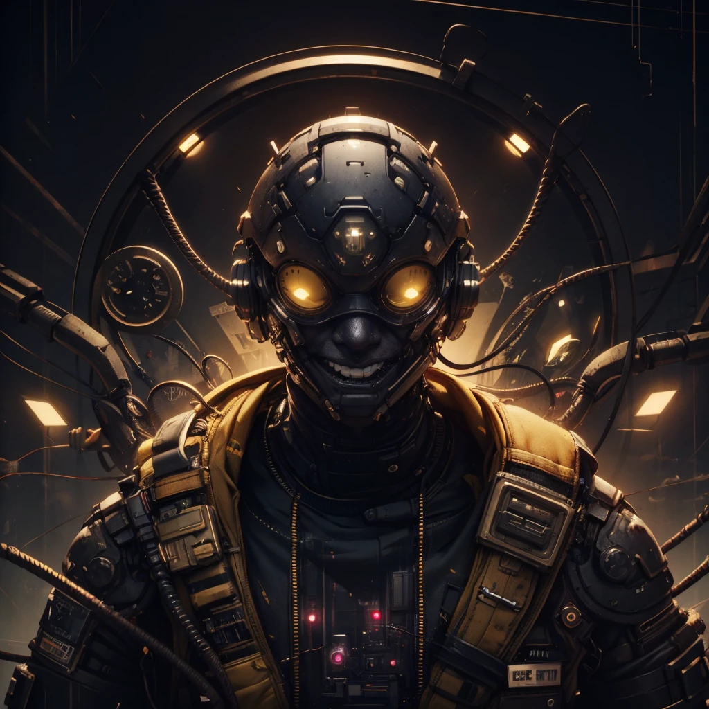 <lora:Ztekno_Style:1>, ZteknoStyle, man wearing a helmet with a smiley face on it, cyberpunk art, inspired by Mike Winkelmann, black and yellow, wires. biopunk, (High Quality)
