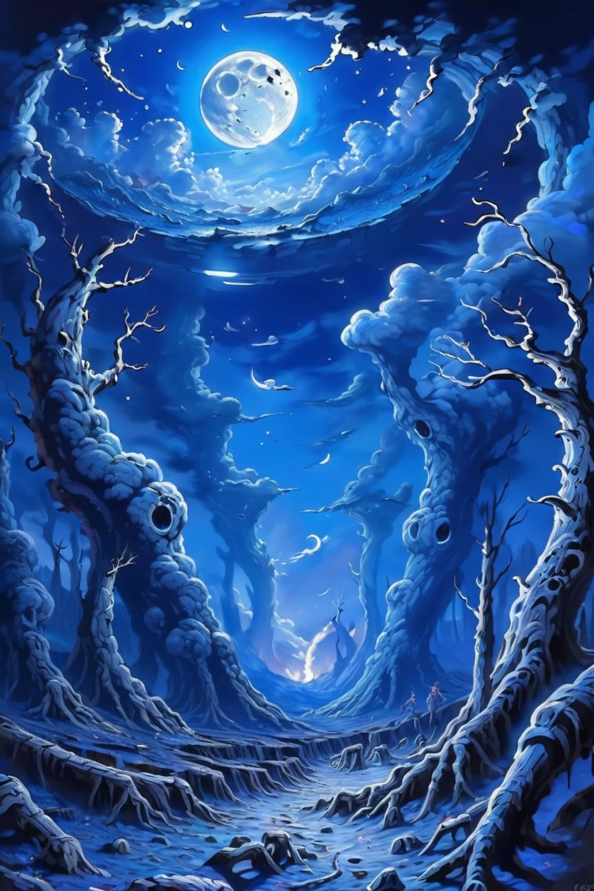 noon, blue sky, clouds, scenery, chaotic Moonlit grove in a Impact Craters<lora:EnvyBetterHiresFixXL01:0:hr=1><lora:EnvyEndOfTimeXL01:1>