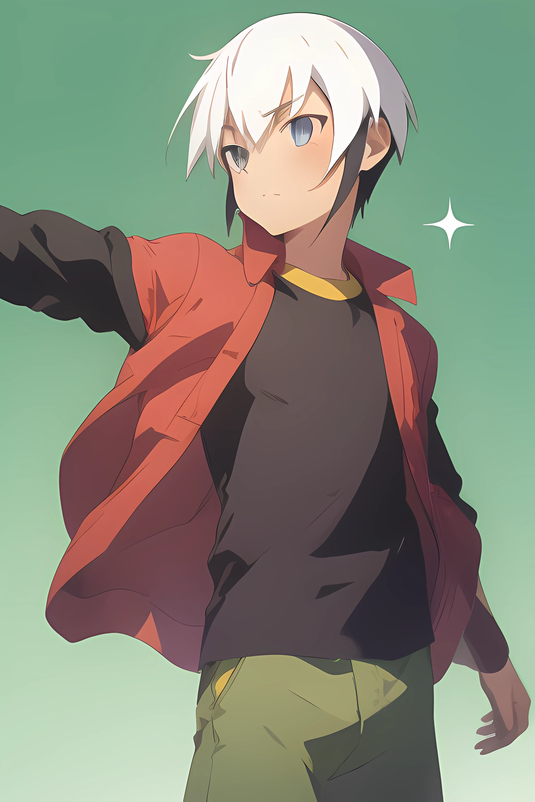 1boy, Eugene Chaud, short hair, two tone hair, (long sleeved black shirt:1.2), sleeveless red jacket, open jacket, green trousers, simple background, perfect hands