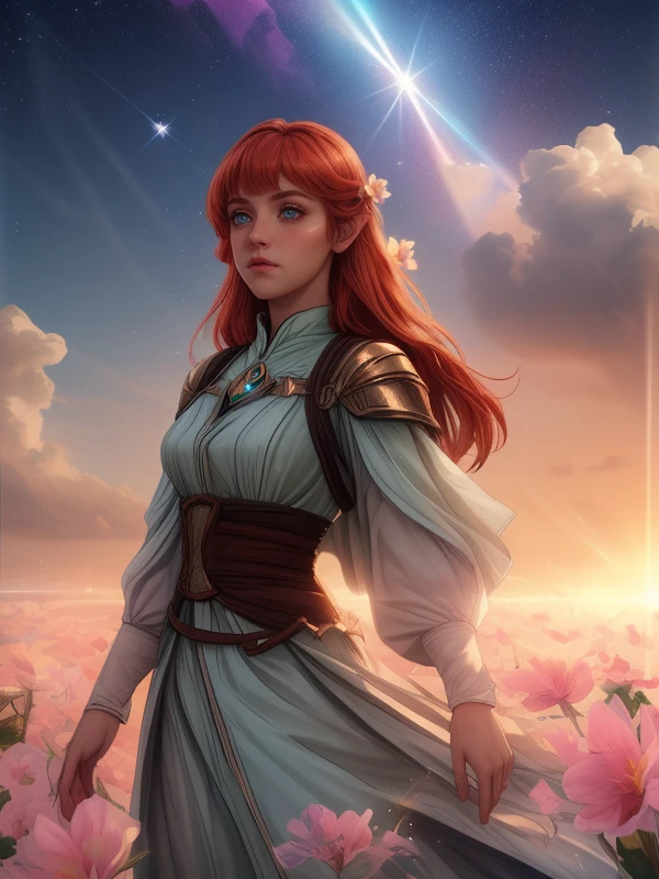 a girl, <lora:half-elf_ears_v1:1> half-elf ears, beautiful girl, three quater view, redhead, highlight eyes, detailed eyes, luminous eyes
flowers, beautiful sky, clouds, lens flare, sparkles
dawn, shoulder level shot, diffused lighting, crepuscular rays, volumetric lighting
art nouveau style, ultrarealistic, photorealistic, many details  <lora:add_detail:0.7>
