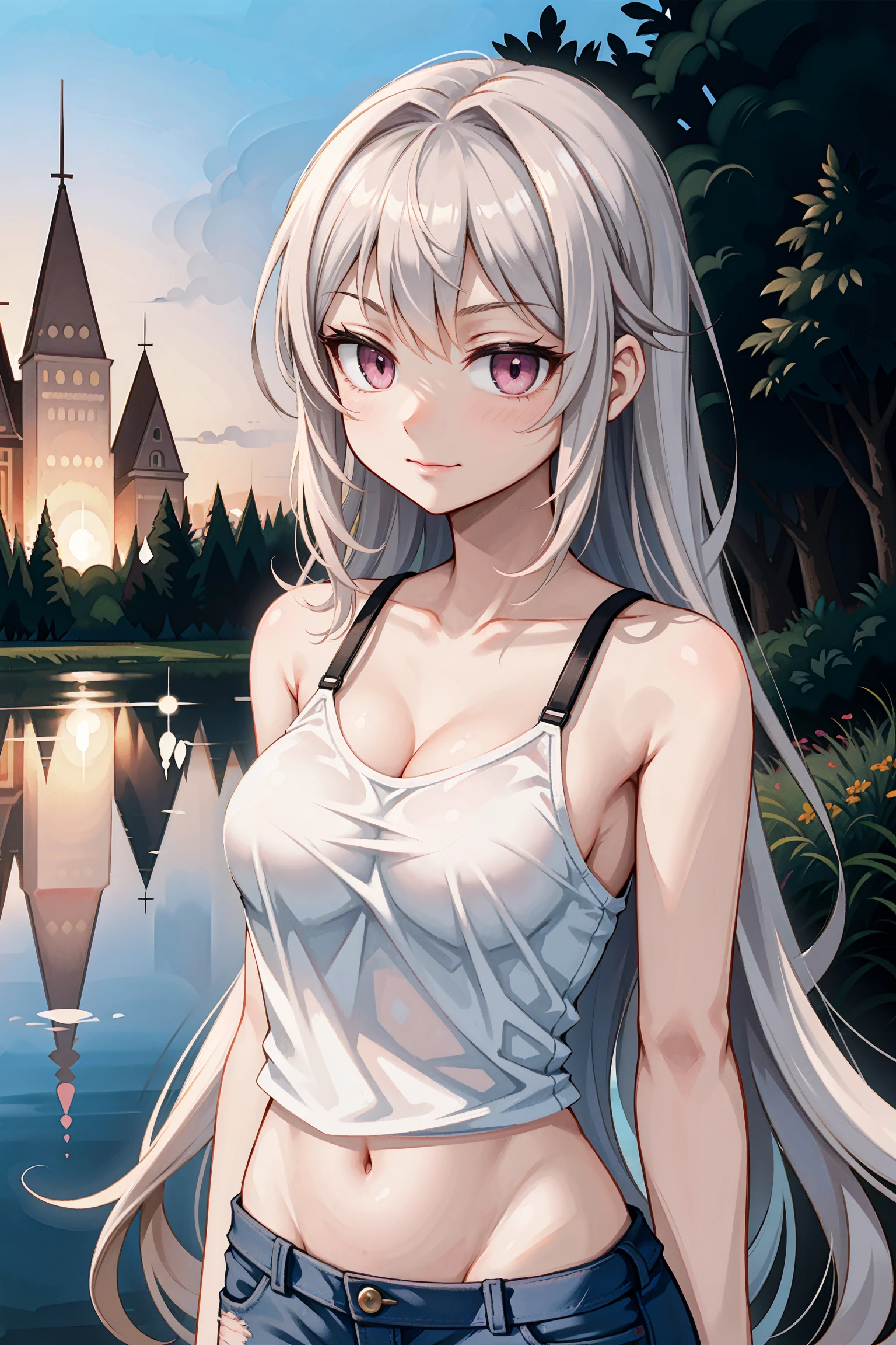 (centered, upper body, 1girl, woman, smirk, long wavy white hair, (pink eyes:1.2), torn cutoff shirt, looking at viewer:1.1), (wide shot:1.4), plains, bushes, forest, river, flowing river, volumetric lighting, godray, fish, birds, bonfire on top of building, masterpiece:1.2, photorealistic:1.2, girl focus, volumetric lighting, embedding:sd15/pos/edgquality:1.2