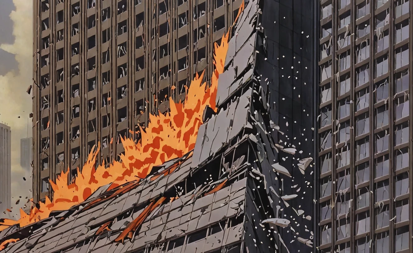 a frame of a animated film of a destroyed skyscraper building, style akirafilm <lora:Akira_Film_Style_XL:1>