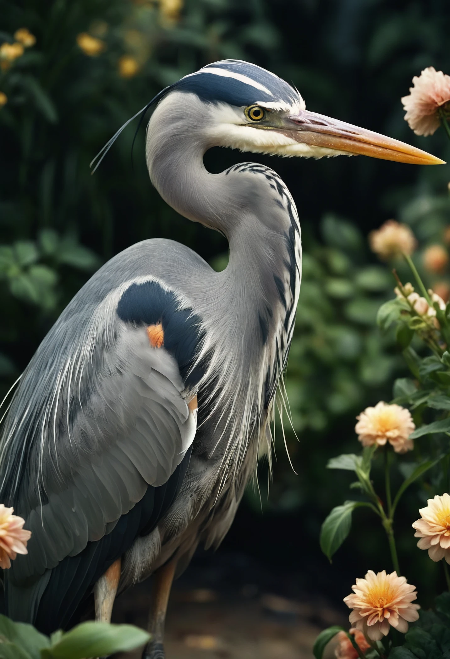 RAW photo, a grey heron, macro shot, deep darks, analog film grain, hdr, extremely detailed, 8k, masterpiece, 35mm photograph, background with flowers, amazing natural lighting, brilliant composition
